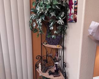 Shelving, faux plants, decor