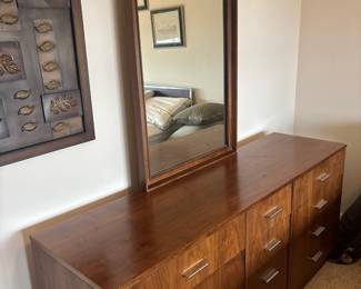 Mid Century Walnut Lowboy Dresser with Mirror