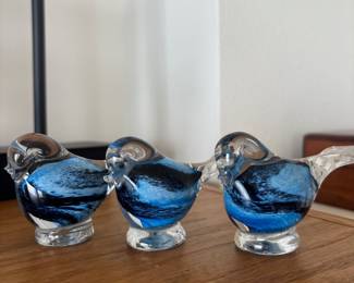 Set of 3 Blue & Clear Art Glass Bird Figurines
