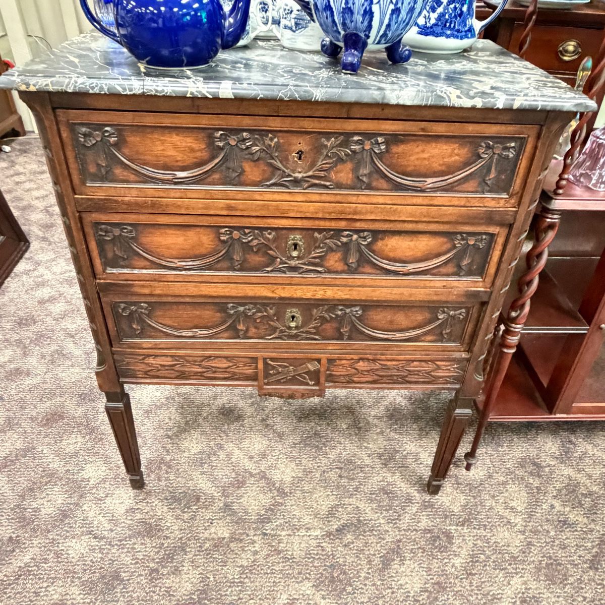 Carved Louis XV Marble Top Chest