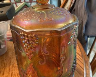 Carnival glass candy jar
