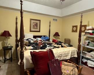 King size 4 poster bed, Crocodile handbag