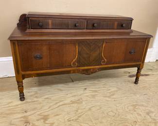 Low antique multi-wood, marquetry veneer sideboard w/2 drawers