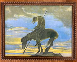 a vintage, framed offset lithograph reproduction of the iconic "End of the Trail" artwork
