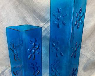  vintage 1960s Blenko Glass vases designed by Wayne Husted, specifically the "Triple Daisy" model 6115-L in a vibrant blue color