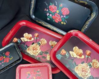 Vintage floral motif metal trays 