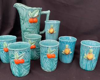 Vintage ceramic juice pitcher & glasses set with oranges & pineapples