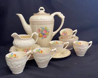 vintage teapot and partial tea set, likely in the "Gypsy Rose" pattern by Pope Gosser
