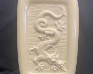 a vintage RRP Co. (Robinson Ransbottom Pottery) Oriental Dragon Vase, model #272, featuring a pale yellow glazed finish