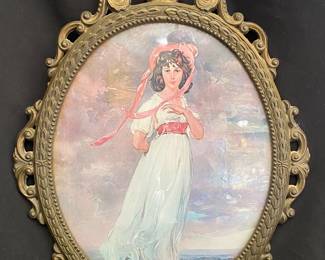 a vintage-style decorative wall hanging featuring a print of the famous portrait "Pinkie" by Thomas Lawrence
