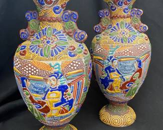  vintage Japanese earthenware vases featuring a vibrant, raised decoration technique known as moriage, in satsuma style (one with rim chip)