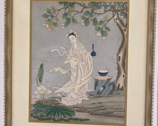 a framed Chinese silk painting depicting Guanyin, the Goddess of Mercy and Compassion