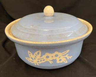 Vintage blue lidded casserole, small chip on lid 