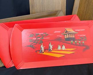 vintage trays are Hasko De Luxe serving trays featuring a red Japanese pagoda and oriental scene