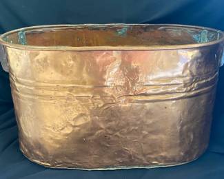 Large antique copper ash bucket with wood handles