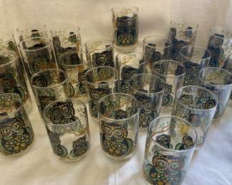 vintage Libbey "Owl Family" tumblers, known for their raised relief, stained glass-style design