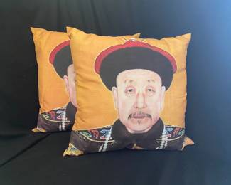  throw pillows feature decorative reproductions of a traditional Chinese ancestor portrait painting