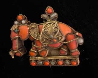 Vintage cloisonné elephant pin made with coral & semi-precious stones
