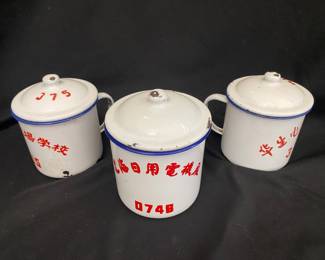 vintage Chinese enamel mugs, often associated with the Cultural Revolution era and factories from the 1950s-1980s