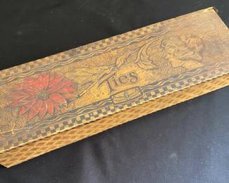 Antique tie box with pyrographic design