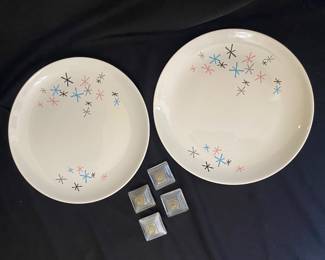 Pr. “Preview” starburst pattern plates by Paden, vintage salt & peppers