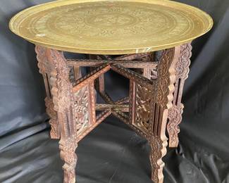Vintage hand-carved folding tray base with large brass tray table