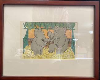 a collectible print featuring characters from the Babar children's book series, originally created by French illustrator Jean de Brunhoff
