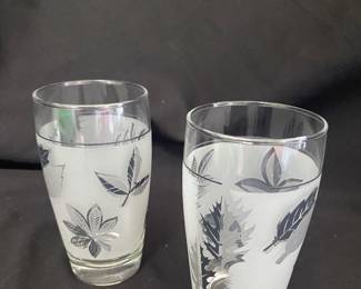 vintage Libbey "Silver Leaf" or "Silver Foliage" frosted glass tumblers feature a distinctive metallic silver leaf design against a frosted white band