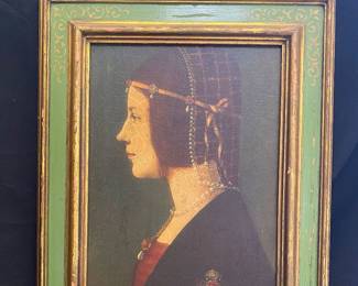 a vintage art print of "Portrait of a Lady" by Giovanni Ambrogio de Predis (sometimes attributed to Leonardo da Vinci as "Beatrice d'Este"), set in an antique-style decorative green and gold frame