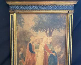 a framed print reproduction of "The Queen of Sheba Adoring the Holy Wood," a famous fresco painted by Piero della Francesca between 1452 and 1466 as part of "The Legend of the True Cross" cycl