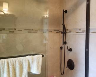 Glass shower doors; shower hardware