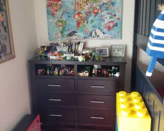 Dresser with storage; wall map
