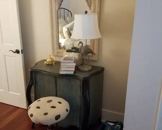 Cupboard; shore bird lamp - two available; mirror; rolling stool