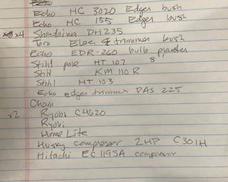 list of trimmers, edgers, chainsaws...