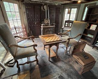 Pair of Louis XIV style carved walnut chairs and Moroccan inlay gaming table