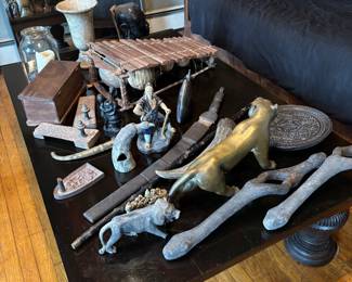 Assorted African pieces, hand carved mahogany coffee table