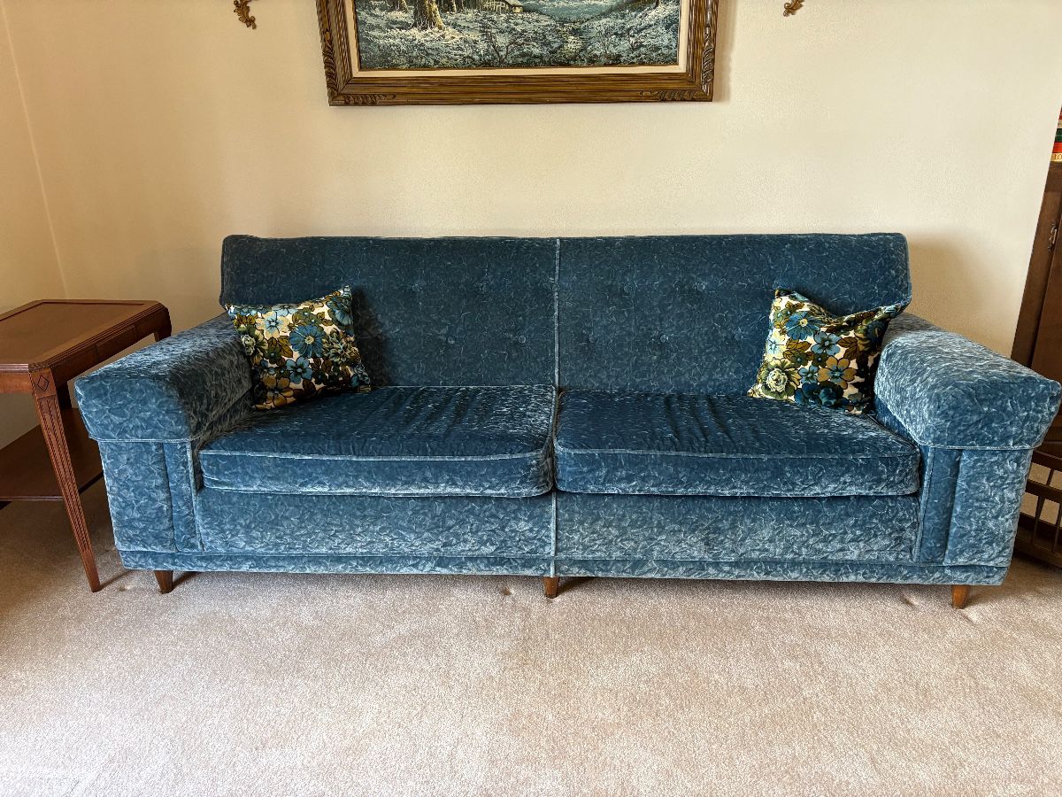 Vintage MCM Crushed Blue Velvet Sofa 