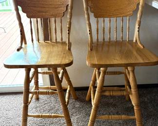 Set of 2 Oak Swivel Bar Stools - Early American 