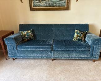 Vintage MCM Crushed Blue Velvet Sofa