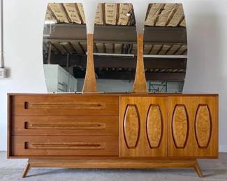 Young Manufacturing Mid Century Walnut and Burlwood Lowboy Dresser