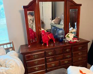 #43 - $220 - Dresser with triptych mirror 9 drawer 59lx19dx76t