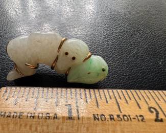 $120 - White & green jade monkey resting on branch 10kt gold setting. 