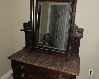 ANTIQUE VICTORIAN WALNUT MARBLE TOP DRESSER WITH PIER MIRROR