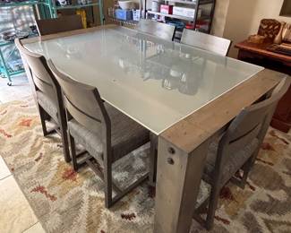 Dining Table/6-Chairs, Frosted Glass Top/ Wood Frame, Industrial Style