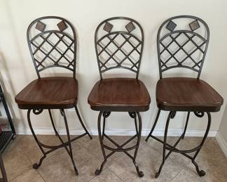 Set of 3 French Country Style Wrought-Iron and Wood Swivel Bar Stools