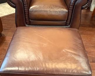 Haverty’s Leather Club Chair and Ottoman Set with Nailhead Trim
