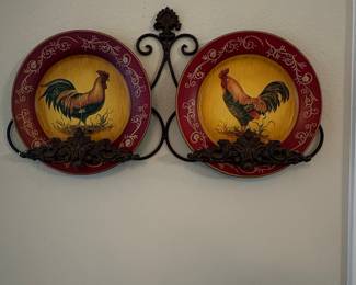 Certified International "Le Rooster" Decorative Plates with Wrought Iron Hanger