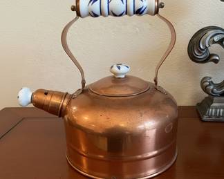 Vintage Copper Tea Kettle with Blue and White Chinoiserie Porcelain Handle and Lid Knob