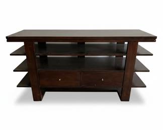 Dark Wood Media Console with Shelving and Two Drawers