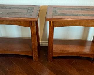 Mission Style Oak and Tile Wedge Side Tables (Pair)